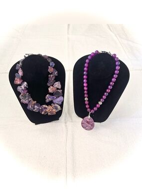 Lot of 2 Artisan Necklaces Real stone agate purple chunky jewelry